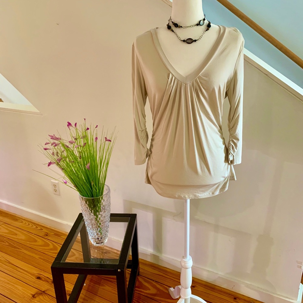 Ruched 3/4 Sleeve Cream Knit Top